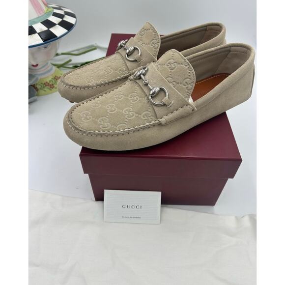 Men\'s Gucci suede oatmeal GG embossed driver loafers size 8 fits 8.5 US main image 6